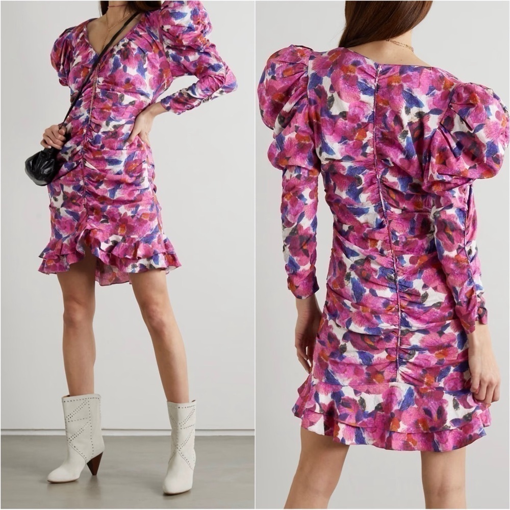 Isabel Marant Dress Mireya Ruffled Gathered Floral-Print Crepe Mini FR 38 / US 6